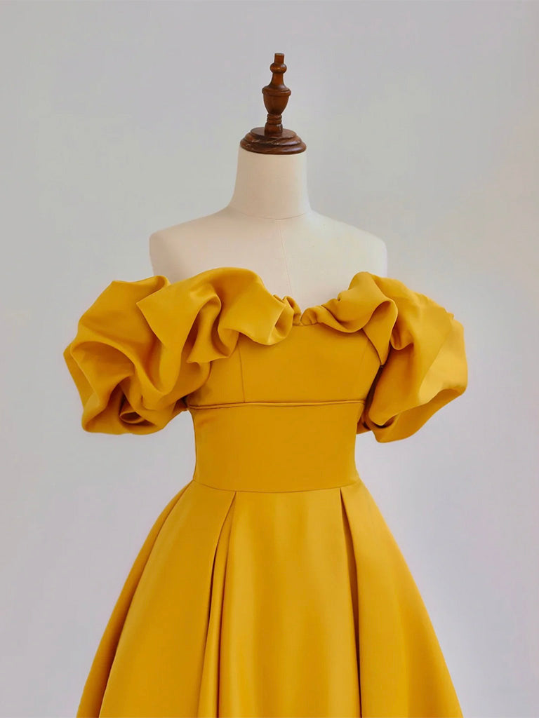 A-Line Off Shoulder Yellow Long Prom Dress, Yellow Long Graduation Dress
