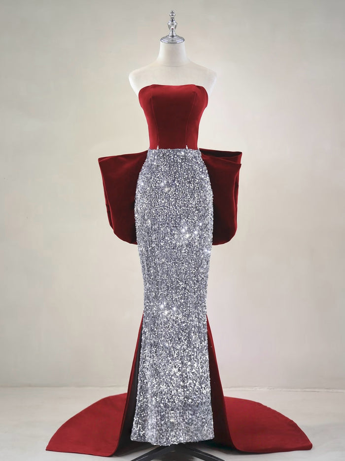 Mermaid Velvet Sequin Sweep Train Burgundy Prom Dress with Bow