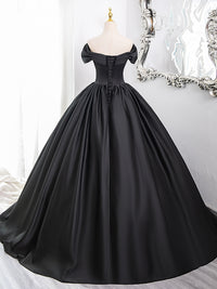 A-Line Off Shoulder Satin Black Long Prom Dress, Black Long Formal Dress