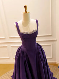 A-Line Sweetheart Neck Sweep Floor Satin Purple Long Prom Dress with Beads