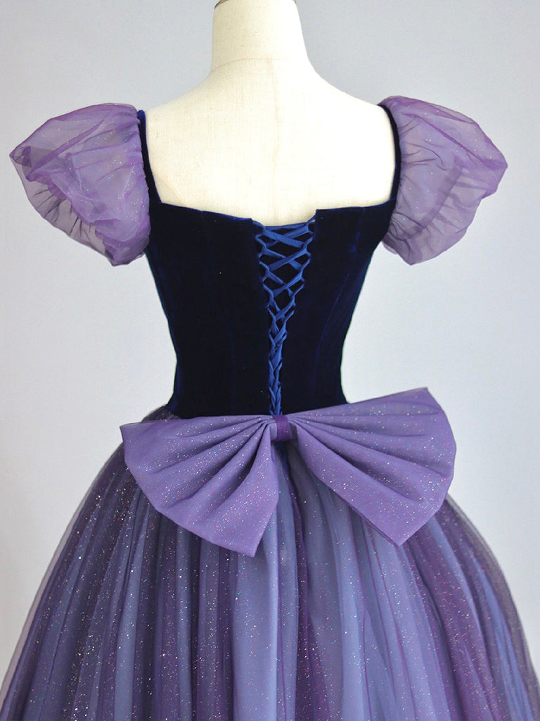 A-Line Puff sleeves Tulle Velvet Purple Long Prom Dress, Purple Long Formal Dress