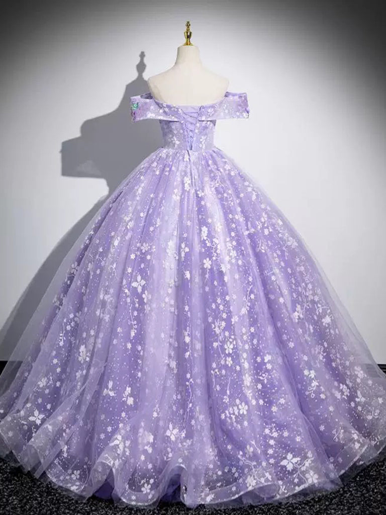 A-Line Off Shoulder Tulle Lace Purple Long Prom Dress, Purple Long Formal Dress