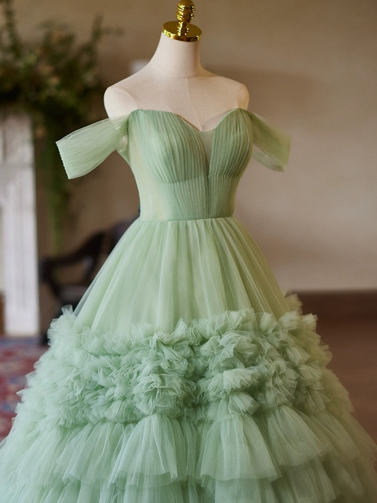 A-Line Off Shoulder Sweetheart Neck Tulle Green Long Prom Dress