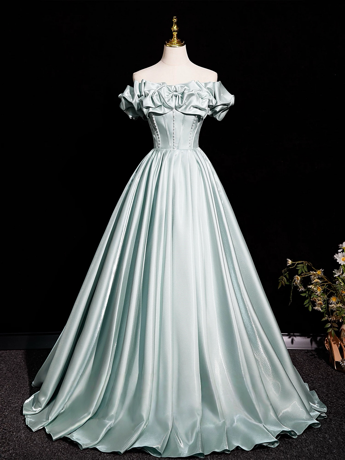 A-Line Off Shoulder Satin Light Green Long Prom Dress, Light Green Lon toptby A-Line Off Shoulder Satin Light Green Long Prom Dress, Light Green Lon toptby
