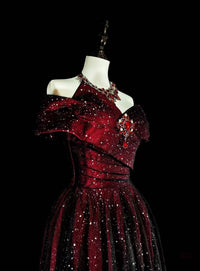 A-line Off Shoulder Tulle Sequin Burgundy/Black Long Prom Dress
