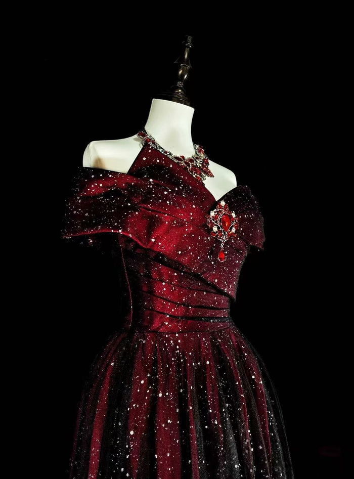 A-line Off Shoulder Tulle Sequin Burgundy/Black Long Prom Dress