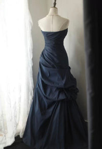 A-line Sweetheart Neck Floor Length Dark Blue Long Prom Dress