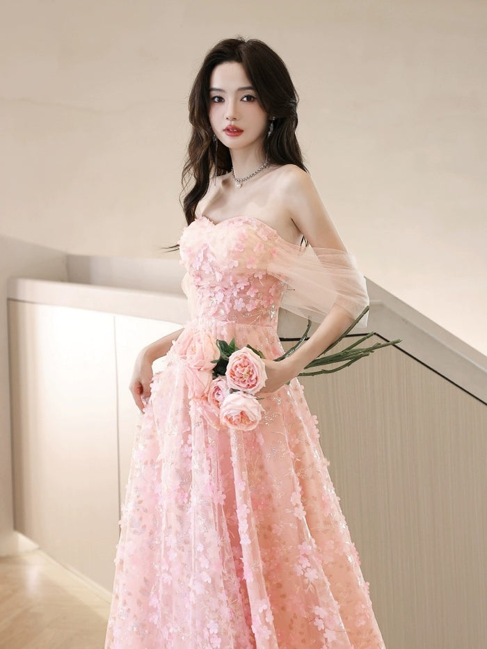 A-Line Off Shoulder Tulle Lace Pink Long Prom Dress, Pink Long Formal Dress