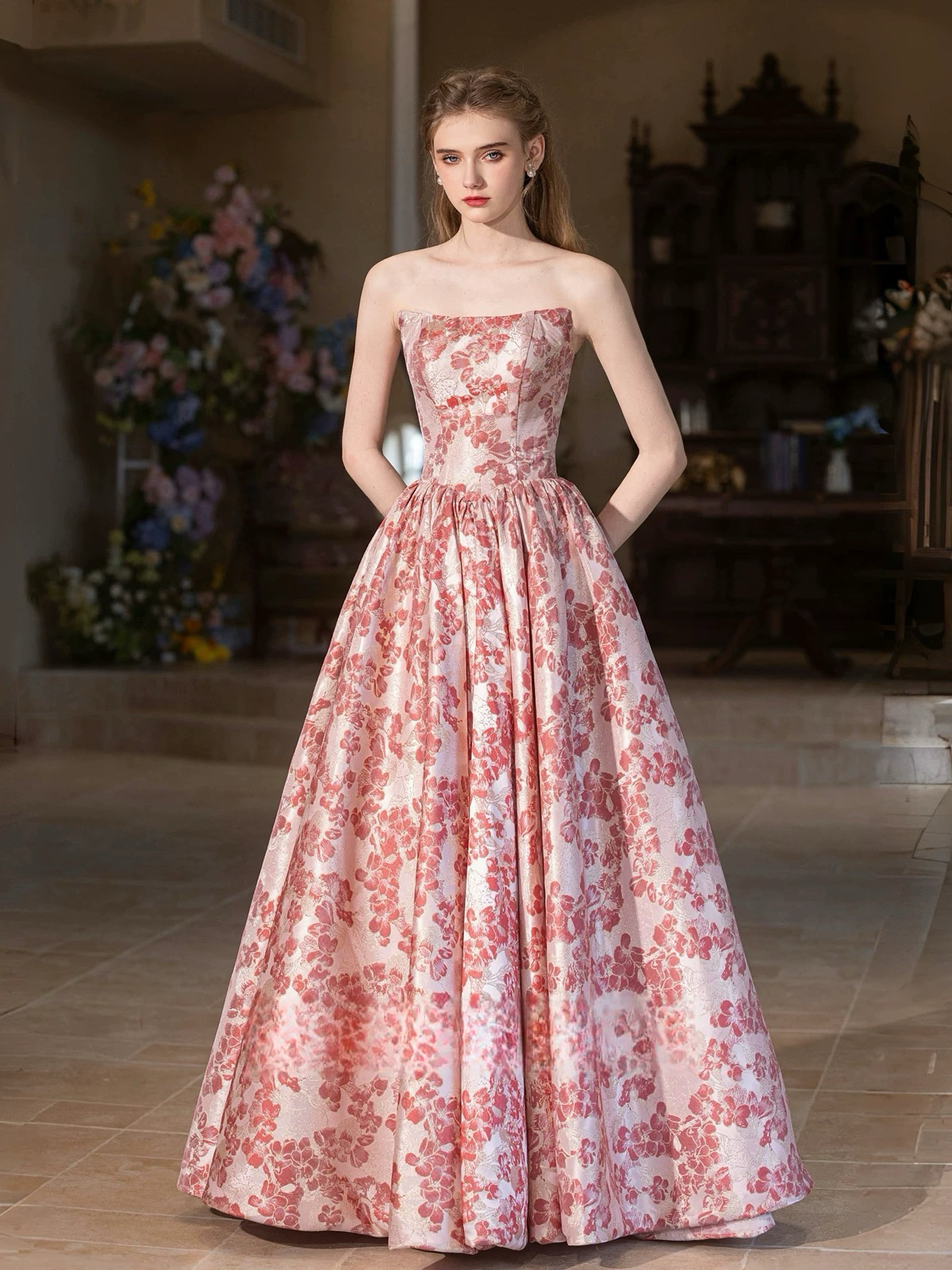 A-Line Printed satin Pink Long Prom Dress, Pink Long Formal Dress toptby A-Line Printed satin Pink Long Prom Dress, Pink Long Formal Dress toptby
