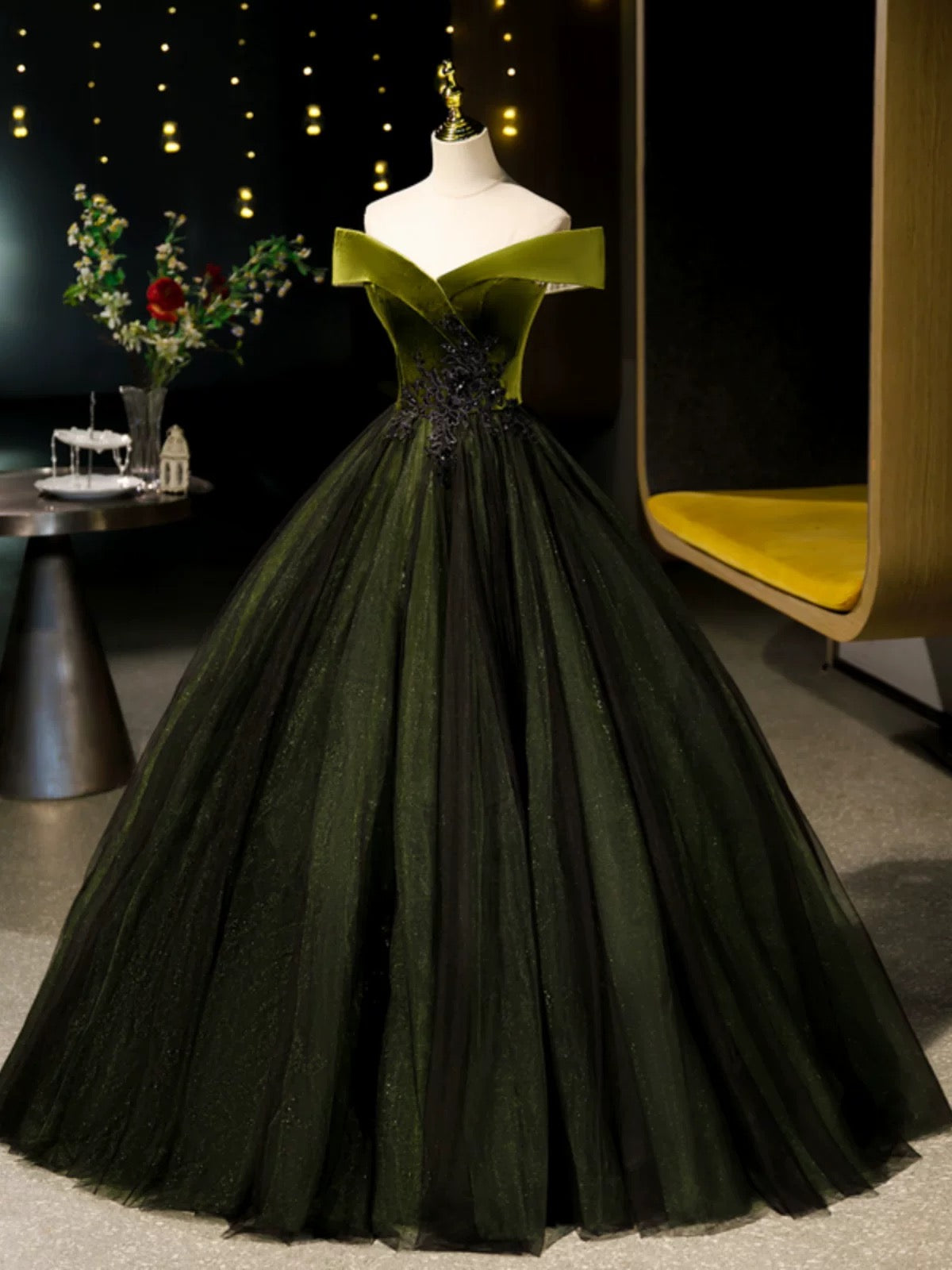 A-Line Off Shoulder Velvet Tulle Green Long Prom Dress, Green Long Formal Dress