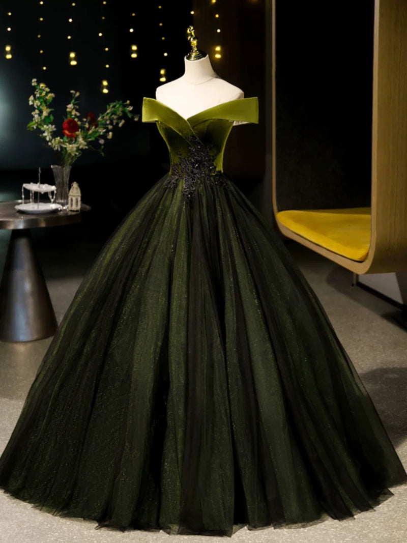 A-Line Off Shoulder Velvet Tulle Green Long Prom Dress, Green Long Formal Dress