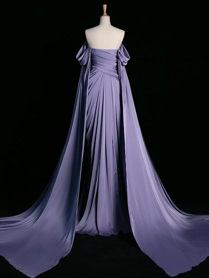 A-Line Off Shoulder Satin Purple Long Prom Dress, Purple Long Formal Dress