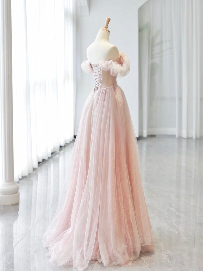 A-Line Off Shoulder Tulle Beads Pink Long Prom Dress, Pink Tulle Long Formal Dress