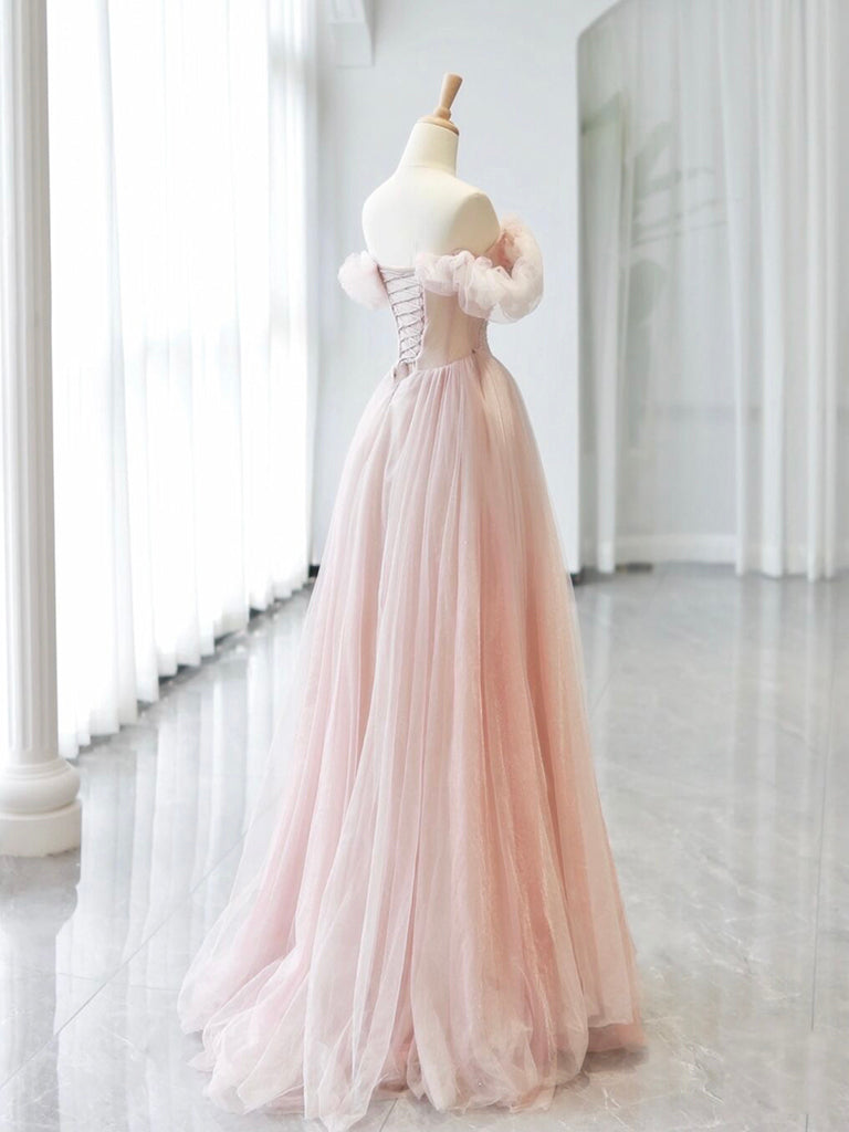 pink tulle maxi dress A-Line Off Shoulder Tulle Beads Pink Long Prom Dress, Pink Tulle Long – toptby