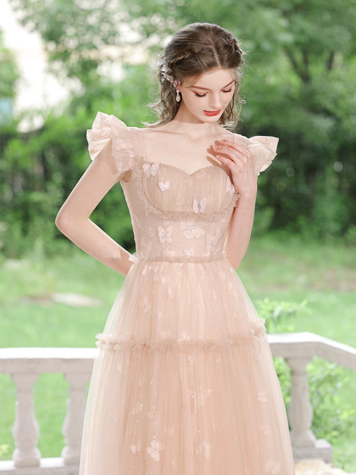 A-Line Tulle Lace Tea Length Pink Prom Dress, Pink Lace Formal Dress