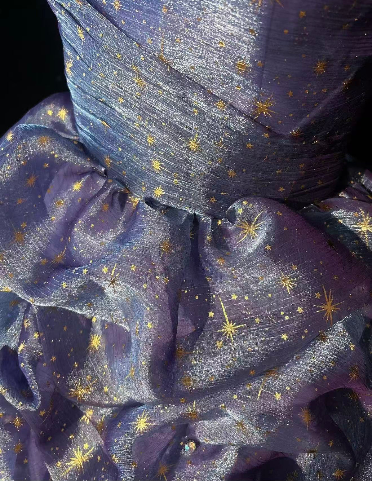 Sparkly Starry Sky Strapless Blue Purple Short Prom Dress with Ruffled Ball Gown Skirt