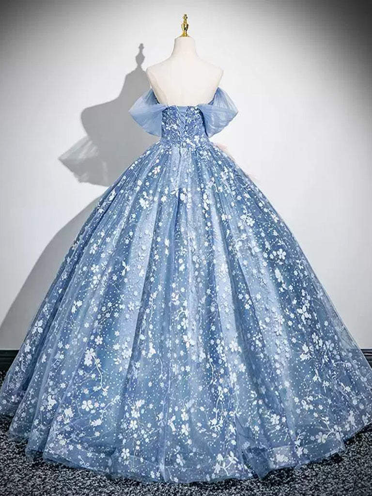 A-Line Off Shoulder Tulle Lace Gray Blue Long Prom Dress, Gray Blue Fo toptby A-Line Off Shoulder Tulle Lace Gray Blue Long Prom Dress, Gray Blue Fo toptby
