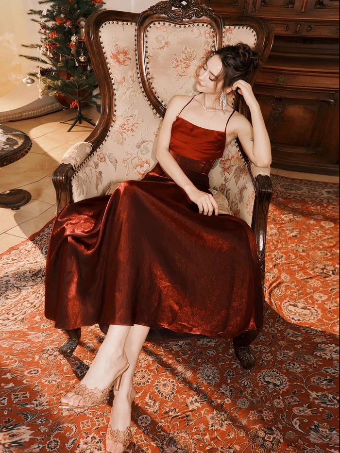 Simple A-Line Backless Tea Length Burgundy Prom Dress