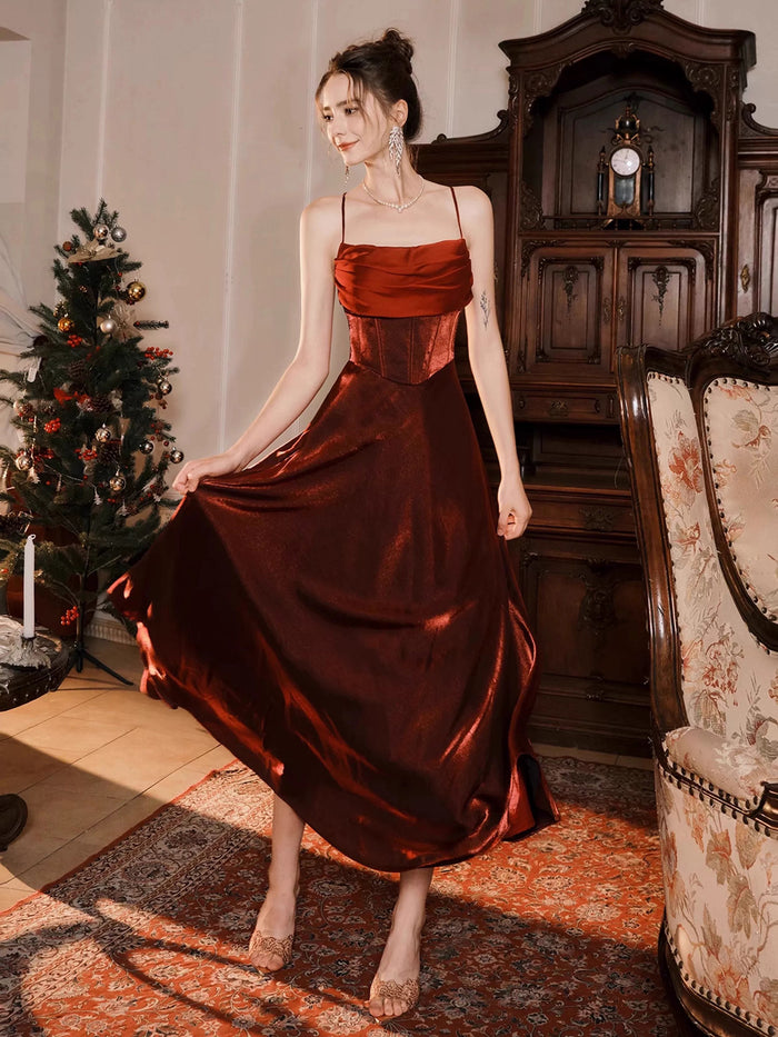 Simple A-Line Backless Tea Length Burgundy Prom Dress