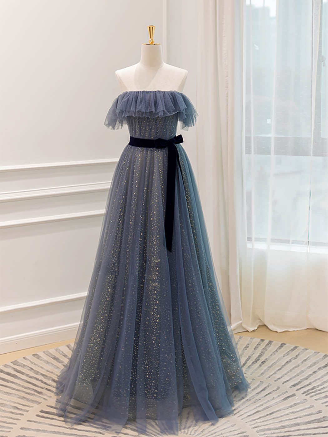 A-Line Off Shoulder Tulle Gray Blue Long Prom Dress, Gray Blue Formal Dress