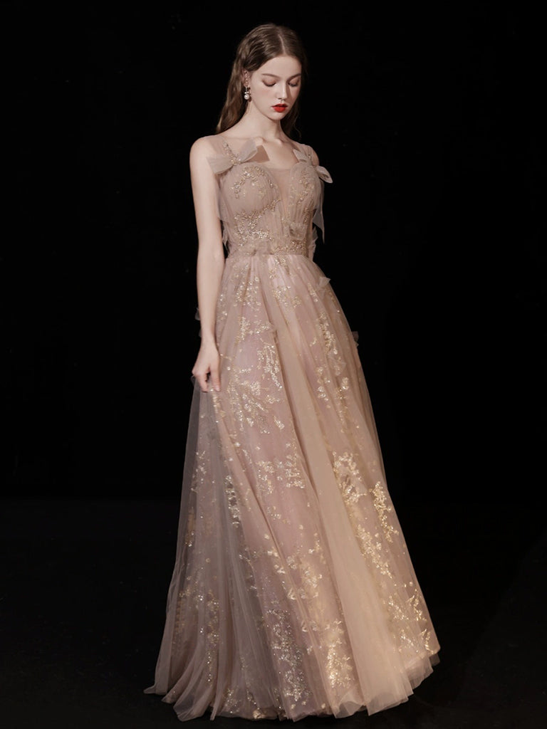 A-Line Champagne Tulle Lace Long Prom Dress, Champagne Long Evening Dress
