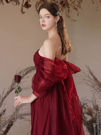 Burgundy Off Shoulder  Satin Tulle Long Prom Dress, Burgundy Evening Dress