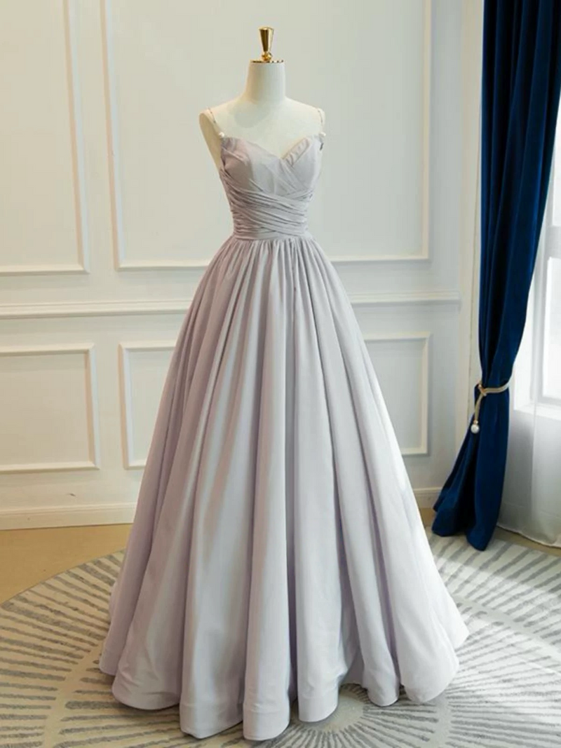 A-Line V Neck Taffeta Champagne Long Prom Dress, Champagne Long Formal Dress