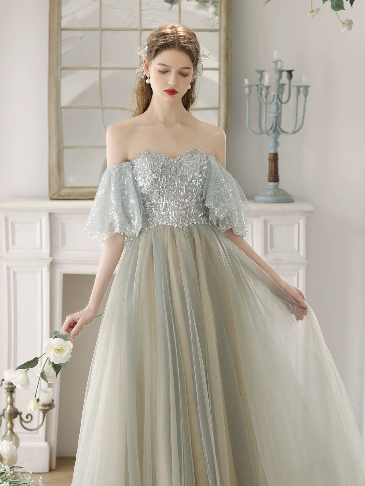 A-Line Tulle Sequin Light Green Long Prom Dress, Light Green Long Formal Dress