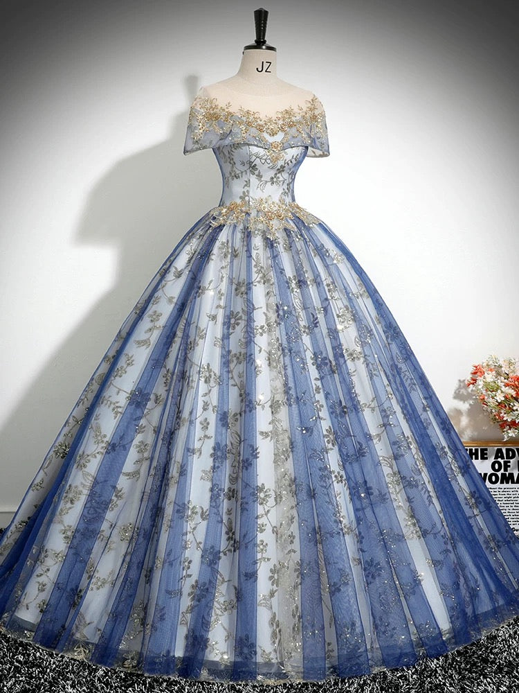 A-Line Tulle Lace Blue Long Prom Dress, Blue Long Evening Dress