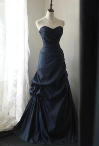 A-line Sweetheart Neck Floor Length Dark Blue Long Prom Dress