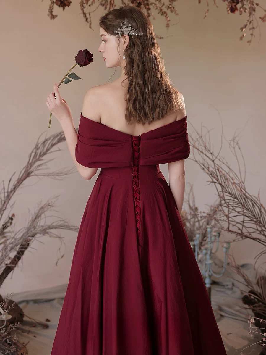 A-Line Off Shoulder Satin Burgundy Long Prom Dress, Burgundy Long Form toptby A-Line Off Shoulder Satin Burgundy Long Prom Dress, Burgundy Long Form toptby