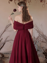 A-Line Off Shoulder Satin Burgundy Long Prom Dress, Burgundy Long Formal Dress