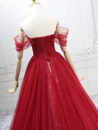A-Line Sweetheart Neck Tulle Burgundy Long Prom Dress, Burgundy Long Evening Dress