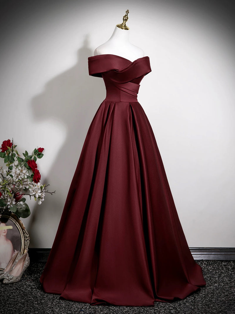 A-Line Off Shoulder Satin Burgundy Long Prom Dress, Burgundy Long Form – toptby