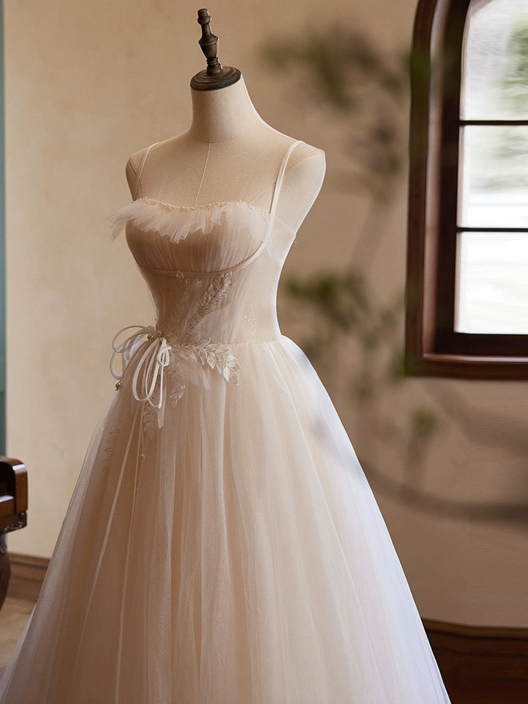 A-Line Sweetheart Neck Tulle Champagne Long Prom Dress With Lace