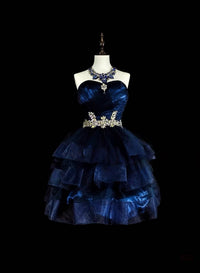A-line Sweetheart Neck Tulle Dark Blue Short Prom Dress, Blue Homecoming Dress