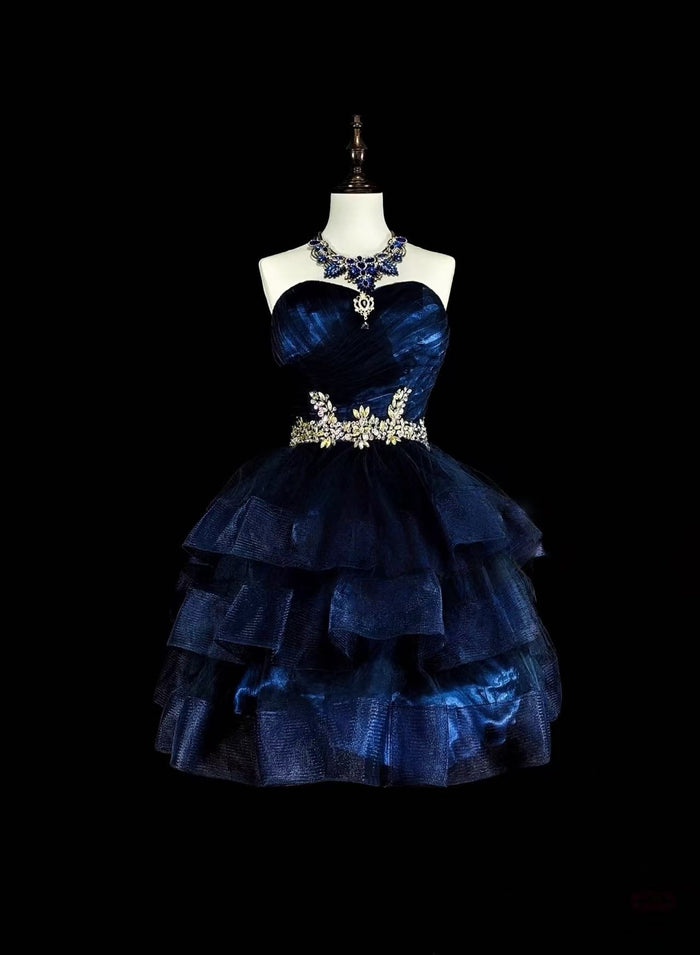 A-line Sweetheart Neck Tulle Dark Blue Short Prom Dress, Blue Homecoming Dress
