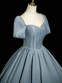 A-Line Puff Sleeves Satin Beads Gray Blue Long Prom Dress, Gray Blue Long Formal Dress