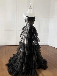 A-Line Tulle Lace Black Long Prom Dress, Black Long Formal Dress