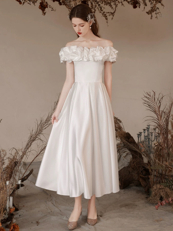 A-Line Off Shoulder Satin Tea Length White Prom Dress, White Formal Dress