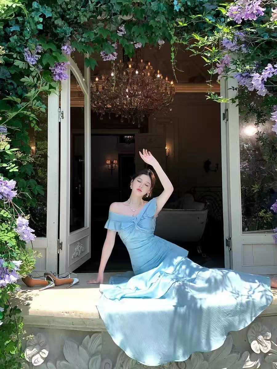 Mermaid Off Shoulder Silk Floor Length Blue Prom Dress, Blue Evening Dress