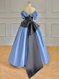 A-Line Off Shoulder Satin Blue Long Prom Dress, Blue Long Formal Dress