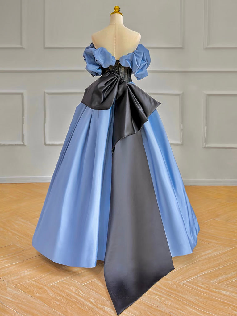 A-Line Off Shoulder Satin Blue Long Prom Dress, Blue Long Formal Dress