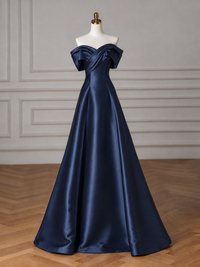 Off Shoulder A-line Satin Dark Blue Long Prom Dress, Dark Blue Long Formal Dress