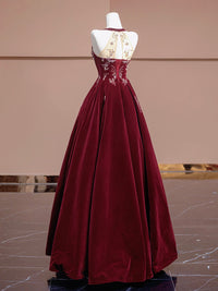 A-Line Velvet Beads Sequin Burgundy Long Prom Dress, Burgundy Long Formal Dress