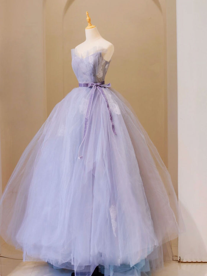 Purple V Neck Tulle Lace Long Prom Dress, Purple Formal Sweet 16 Dress