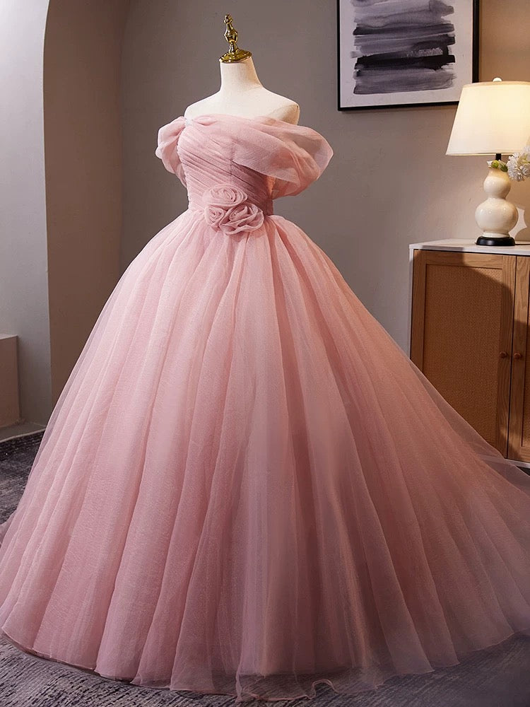 A-Line Off Shoulder Tulle Pink Long Prom Dress, Pink Long Formal Dress