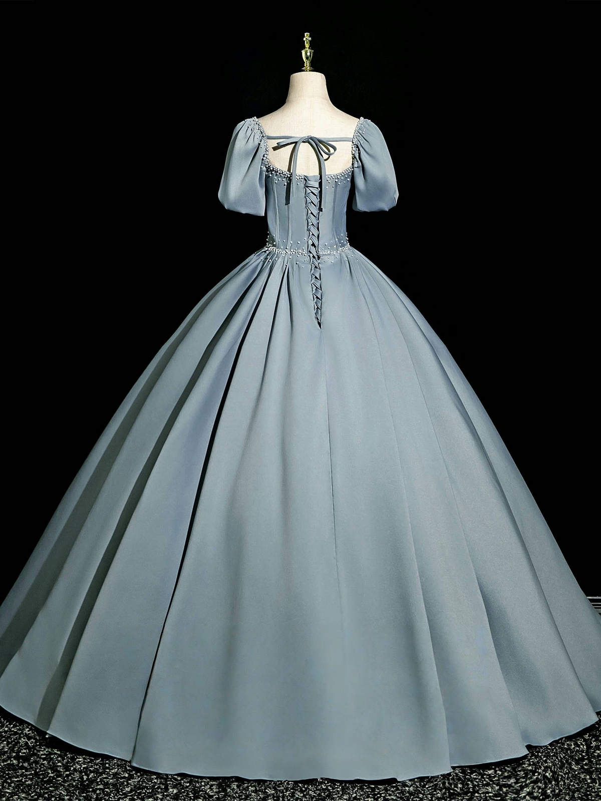 A-Line Puff Sleeves Satin Beads Gray Blue Long Prom Dress, Gray Blue Long Formal Dress