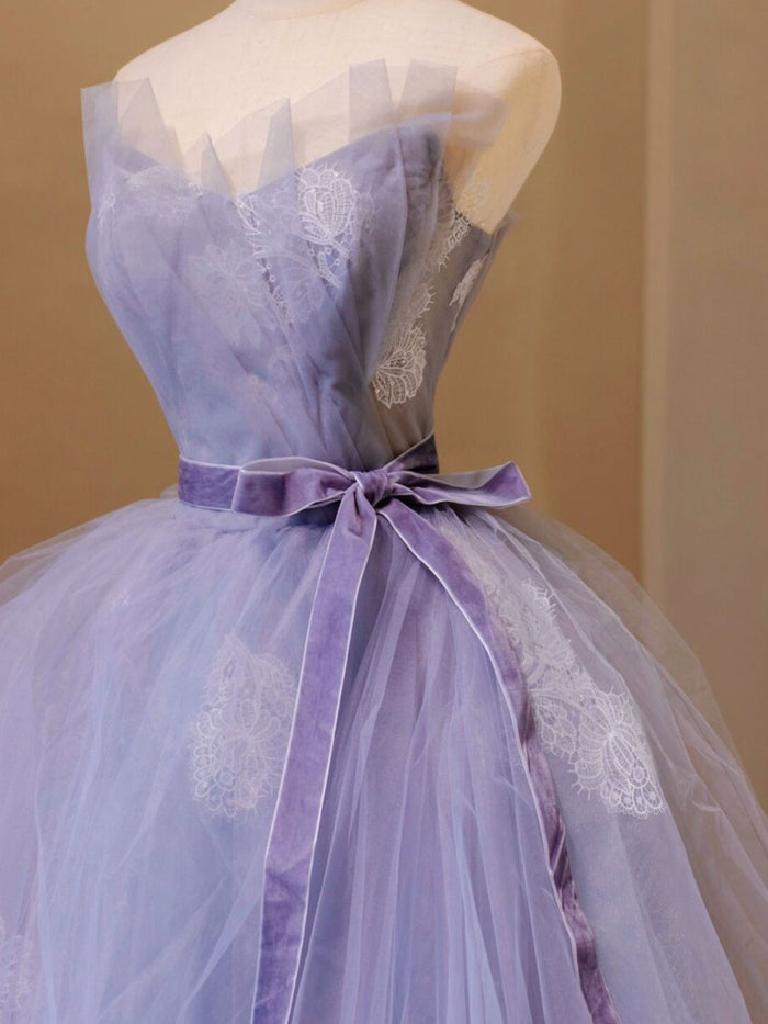 Purple V Neck Tulle Lace Long Prom Dress, Purple Formal Sweet 16 Dress