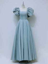 A-Line  Puff Sleeves Satin Blue Long Prom Dress, Blue Long Formal Dress